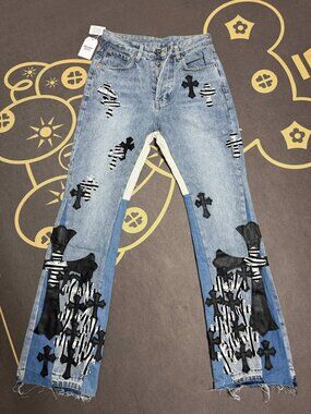 Chrome Hearts-Inspired Cross Patch Flared Jeans Vintage Wash
